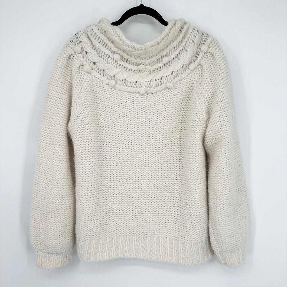 J. Crew Pointelle Pom Pom Sweater Alpaca Wool Blend Chunky Cable Knit Preppy - Picture 8 of 14
